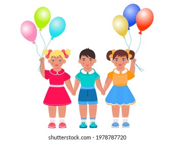 Small children with balloons. Flat cartoon style. Vector.