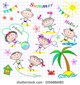 Small children at the beach. Children having fun and relaxing in the summer.