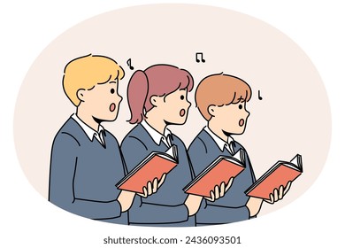 Small children with books sing in school choir together. Little schoolchildren with textbooks perform on stage. Musical hobby and performance. Vector illustration.