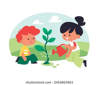 Small children boy and girl planting a plant. girl is watering flowers. Kids are gardening, take care of nature, support the environment, make the planet healthier and greener volunteering eco tourism