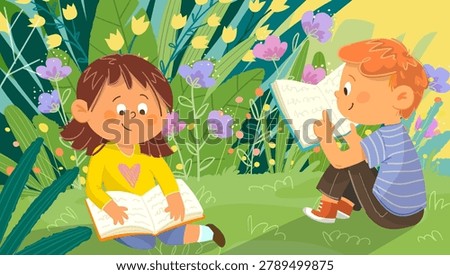 Small Children Boy and Girl Reading Books Together in Nature or Forest. Little kids sitting with books on grass in summer among flowers plants. Illustration cartoon for children education.