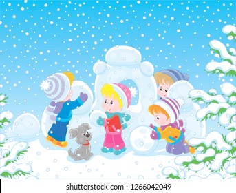 Small children building a snow fortress on a playground in a winter snow-covered park, vector illustration in a cartoon style