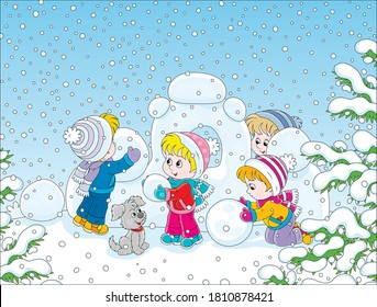 Small children building a snow fortress on a playground in a winter snow-covered park, vector cartoon illustration