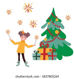 Small children celebrate the New Year. A cheerful little girl decorate the Christmas tree, light sparklers, give gifts. Happy New Year and Merry Christmas.
