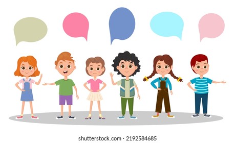Small children communicate with each other.Children talk using speech bubbles.Vector graphics.