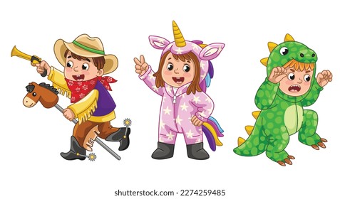 Small children in costumes set. Boy with gun on horse in cowboy costume, girl unicorn and toddler dinosaur. Playfule kids, activity. Cartoon flat vector illustrations isolated on white background