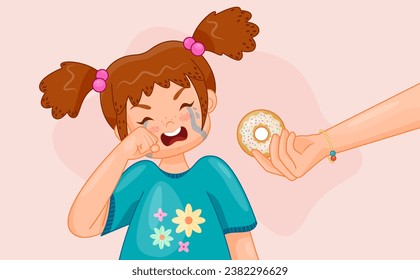 Small children cry with sweet. Sad girl with tears near hand with donut. Care and support for children. Dessert and delicacy gift. Cartoon flat vector illustration isolated on pink background