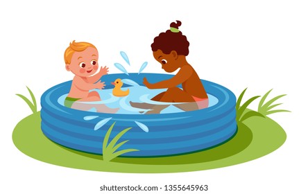 small children of different Nations swim and splash in the inflatable pool in the sun, fresh air.