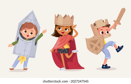 Small children dressed up in astronaut, rocket, knight, princess, queen costume standing in various poses isolated vector illustration. New look for kids costume party. Dressing up for party, carnival