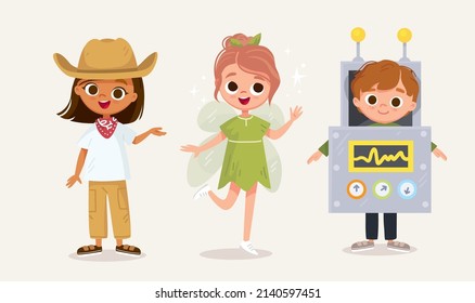 Small children dressed up in astronaut, rocket, robot, fairy, fey, nymph costume standing in various poses isolated vector illustration. New look for kids costume party.Dressing up for party, carnival