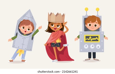 Small children dressed up in astronaut, rocket, robot, princess, queen costume standing in various poses isolated vector illustration. New look for kids costume party. Dressing up for party, carnival