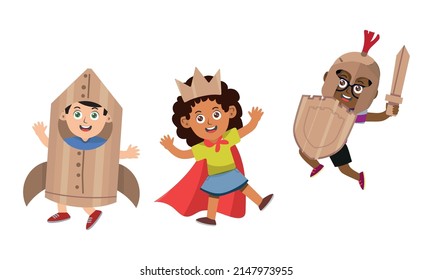 Small children dressed up in astronaut, rocket, knight, princess, queen costume standing in various poses isolated vector illustration. New look for kids costume party. Dressing up for party, carnival