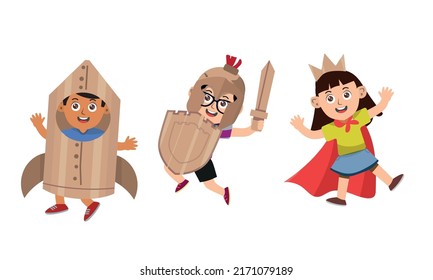 Small Children Dressed Up In Astronaut, Rocket, Knight, Princess, Queen Costume Standing In Various Poses Isolated Vector Illustration. New Look For Kids Costume Party.