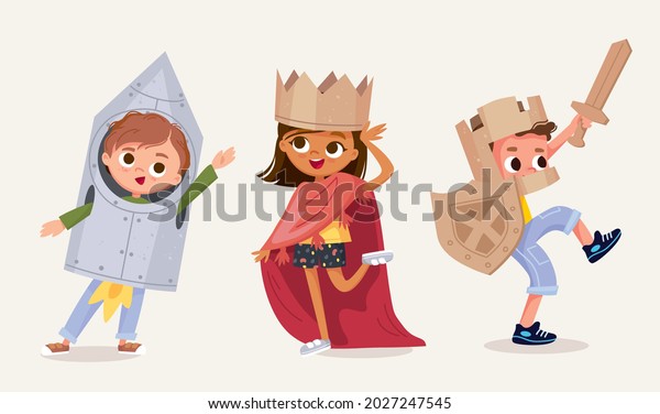 Small children dressed up in astronaut, rocket,\
knight, princess, queen costume standing in various poses isolated\
vector illustration. New look for kids costume party. Dressing up\
for party, carnival