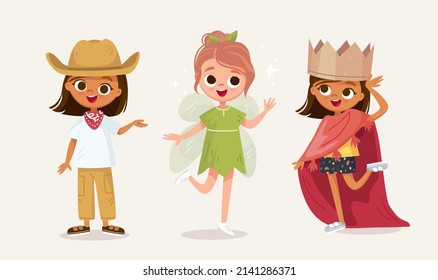 Small Children Dressed Up In Farmer, Cowboy, Fairy, Fey, Nymph, Princess, Queen Costume Standing In Various Poses Isolated Vector Illustration. New Look For Kids Costume Party.Dressing Up For Carnival