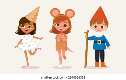 Small children dressed up in ice-cream, mouse, dwarf costume for festival, standing in various poses isolated vector illustration. New look for kids costume party. Dressing up for party, carnival