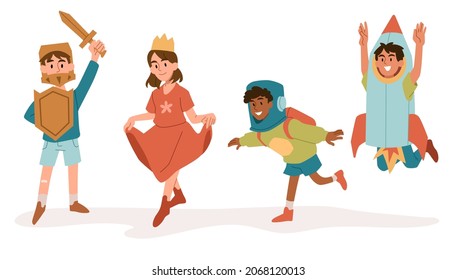 Small children dressed up. Set of boys and girls in knight, princess, astronaut and rocket costumes. Stickers with stylish characters. Cartoon flat vector collection isolated on a white background