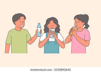 Small children drink water and lemonade to refresh themselves and get rid of thirst after walk in summer weather. Mineral water and juice helps dehydration and improves body health in boys and girls