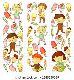 Small children eating ice cream. Sweet strawberry candy for kids. Tasty vanilla, orange, kiwi dessert.