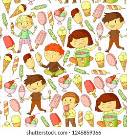 Small children eating ice cream. Sweet strawberry candy for kids. Tasty vanilla, orange, kiwi dessert.