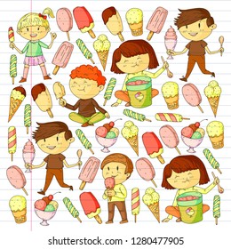 Small children eating ice cream. Sweet strawberry candy for kids. Tasty vanilla, orange, kiwi dessert.