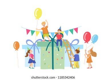Small children with giant cake and candles. Vector illustration. Kid's holiday. Happy Birthday. Party