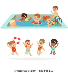 Small Children Having Fun In Water Of The Pool With Floats And Inflatable Toys In Colorful Swimsuit Set Of Happy Cute Cartoon Characters