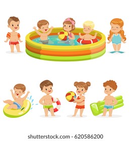 Small Children Having Fun In Water Of The Pool With Floats And Inflatable Toys In Colorful Swimsuit Collection Of Happy Cute Cartoon Characters