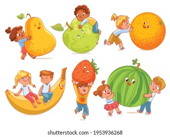 Small children holding big fruits. Colorful cartoon characters. Vector illustration. Isolated on white background