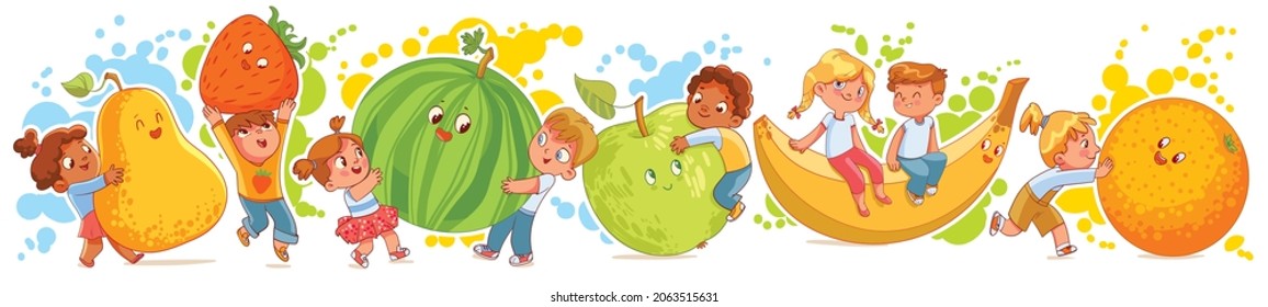 Small children holding big fruits. Cute little kids having fun and playing with big fruits. Funny cartoon character. Vector illustration. Colorful seamless panorama. Isolated on white background