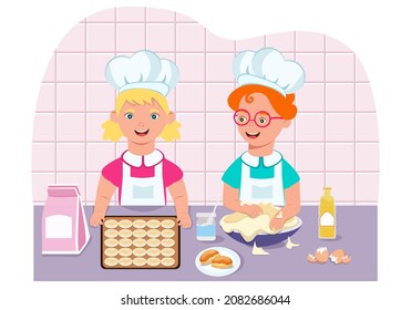 Los niños pequeños amaban masa para el postre. El proceso tiene lugar en la cocina, donde los pequeños cocineros aprenden a cocinar. Los chicos y chicas son personajes de estilo humorístico. Vector