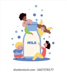 Small children and milk in a bottle. Vector illustration.