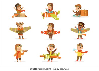 Small Children In Pilot Costumes Dreaming Of Piloting The Plane, Playing With Toys Adorable Cartoon Characters