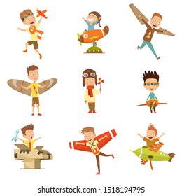 Small Children In Pilot Costumes Dreaming Of Piloting The Plane, Playing With Toys Adorable Cartoon Characters.