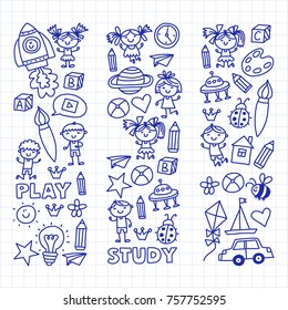 Small children play Nursery Preschool School Kids drawing doodle icons Pattern background Play, study learn with happy boys and girls Let's explore space Time to adventure