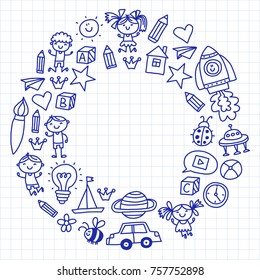 Small children play Nursery Preschool School Kids drawing doodle icons Pattern background Play, study learn with happy boys and girls Let's explore space Time to adventure