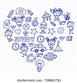 Small children play Nursery Preschool School Kids drawing doodle icons Pattern background Play, study learn with happy boys and girls Let's explore space Time to adventure