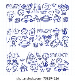 Small children play Nursery Preschool School Kids drawing doodle icons Pattern background Play, study learn with happy boys and girls Let's explore space Time to adventure