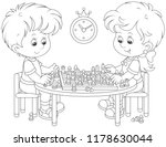 Small children playing chess, black and white vector illustration in a cartoon style