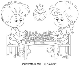 Small children playing chess, black and white vector illustration in a cartoon style