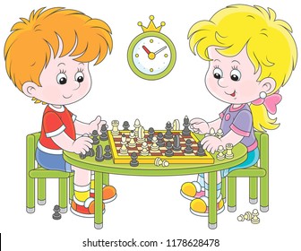 Small children playing chess, vector illustration in a cartoon style