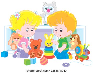 Small children playing with colorful toys in a nursery, vector illustration in a cartoon style