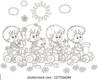 Small children playing on a toy train on a playground in a park, black and white vector illustration in a cartoon style for a coloring book