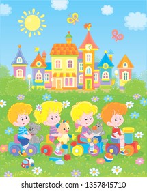 Small children playing on a toy train on a playground in a park of a town, vector illustration in a cartoon style