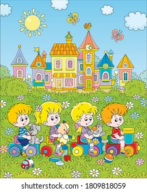 Small children playing on a toy train on a playground in a park of a town, vector cartoon illustration