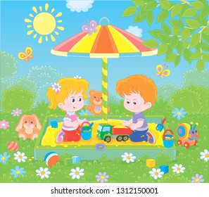 Small children playing in a sandbox on a playground in a park on a sunny summer day, vector illustration in a cartoon style