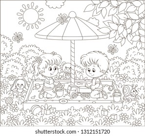 Small children playing in a sandbox on a playground in a park on a sunny summer day, black and white vector illustration in a cartoon style for a coloring book