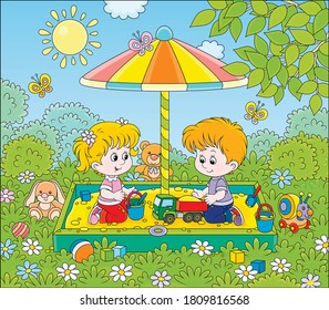 Small children playing in a sandbox on a playground in a park on a sunny summer day, vector cartoon illustration