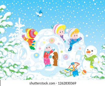 Small children playing in their toy snow fortress on a playground in a winter snow-covered park, vector illustration in a cartoon style