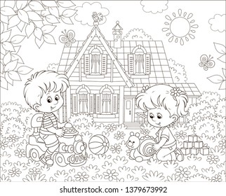 Small children playing with toys among flowers on grass of a front lawn of their house on a sunny summer day, black and white vector illustration in a cartoon style